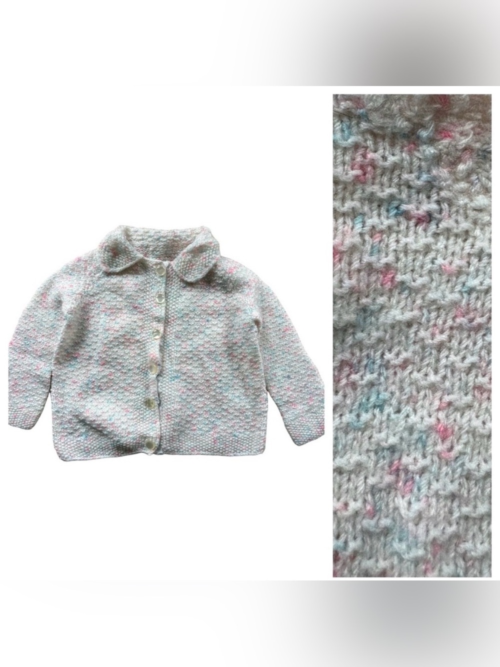 Baby Pastel Pink Blue White Knit Cardigan 6-9M Hidden Snap Button Placket EUC